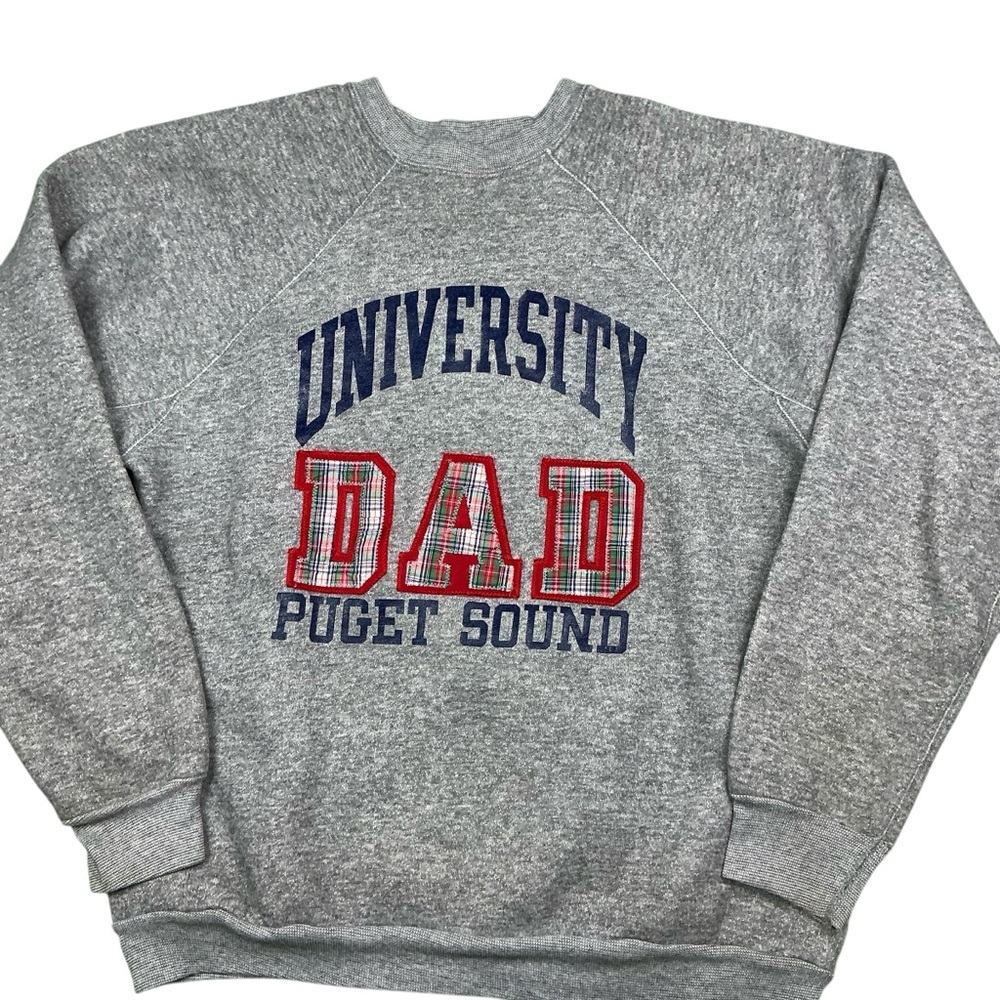 Vintage 80s Puget Sound University DAD gray raglan Crewneck size Large USA made